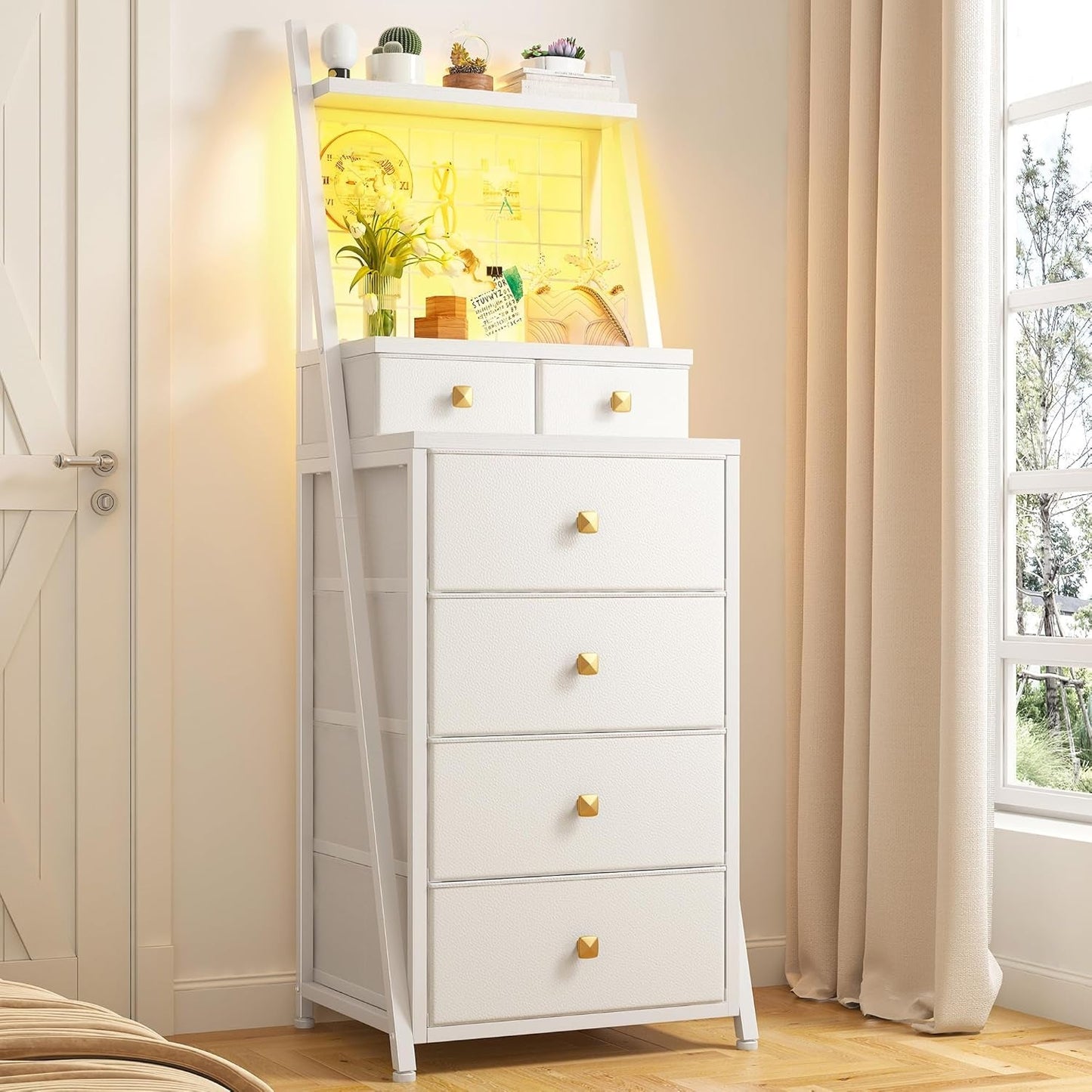 Vertical LED Dresser 6 Drawers White Bedroom Chest