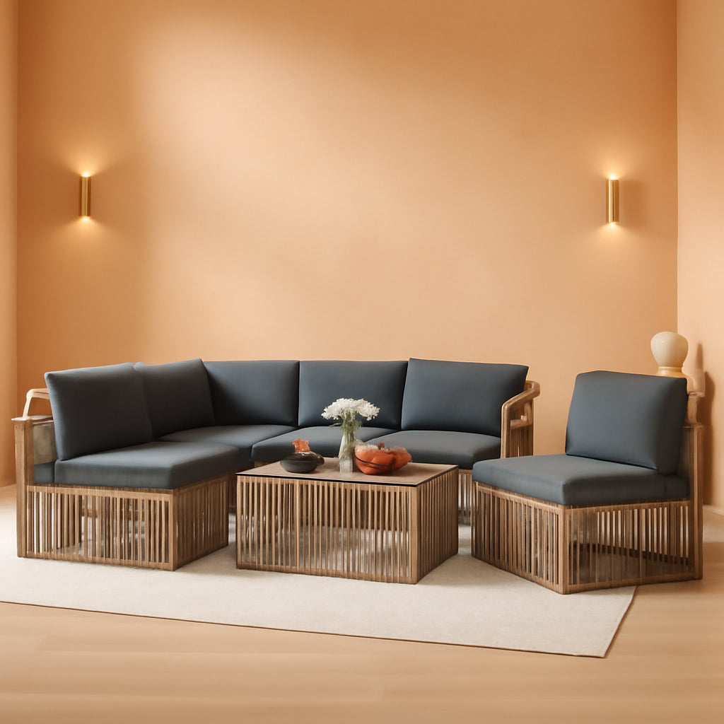 Brown Rattan Outdoor Conversation Set With Gray Cushions