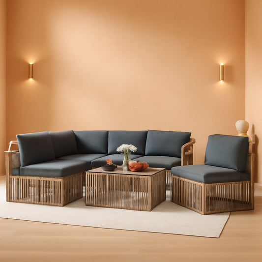 Brown Rattan Outdoor Conversation Set With Gray Cushions