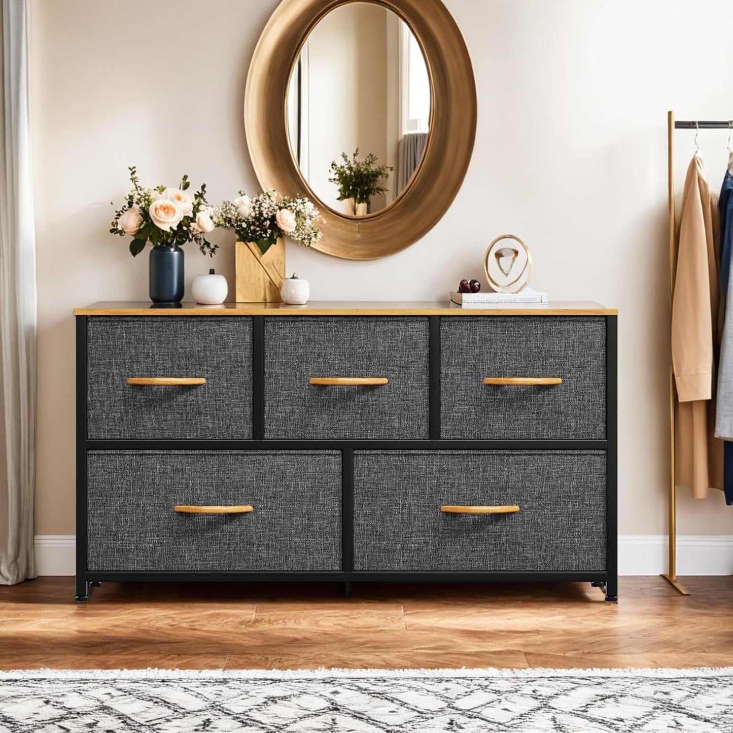 5-Drawer Fabric Storage Dresser With Wooden Top For Bedroom