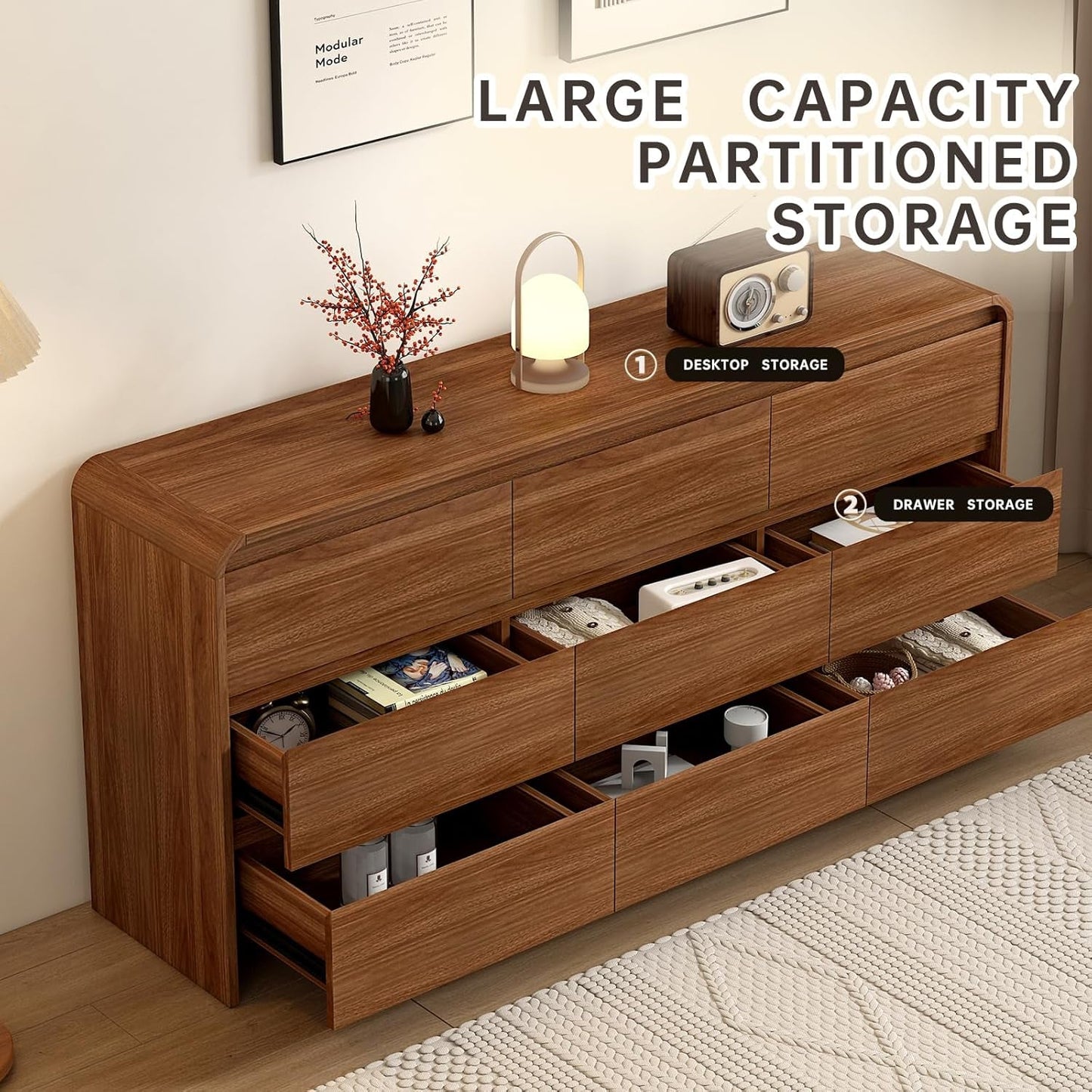 63 Inch Dresser With Curved Safety Edges Six Drawers