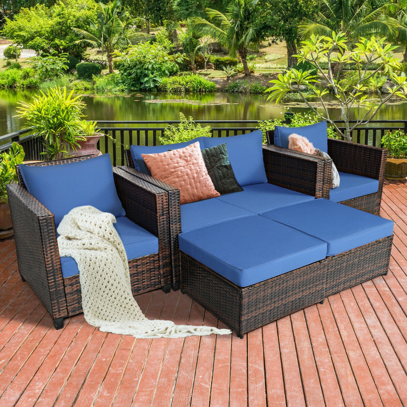 5 Piece Patio Rattan Furniture Set With Removable Cushions