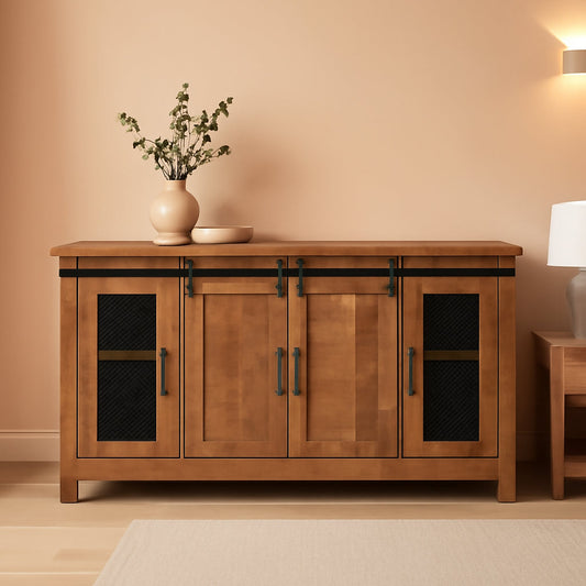65 Inch Solid Wood TV Stand Honey Tobacco With Rustic Doors