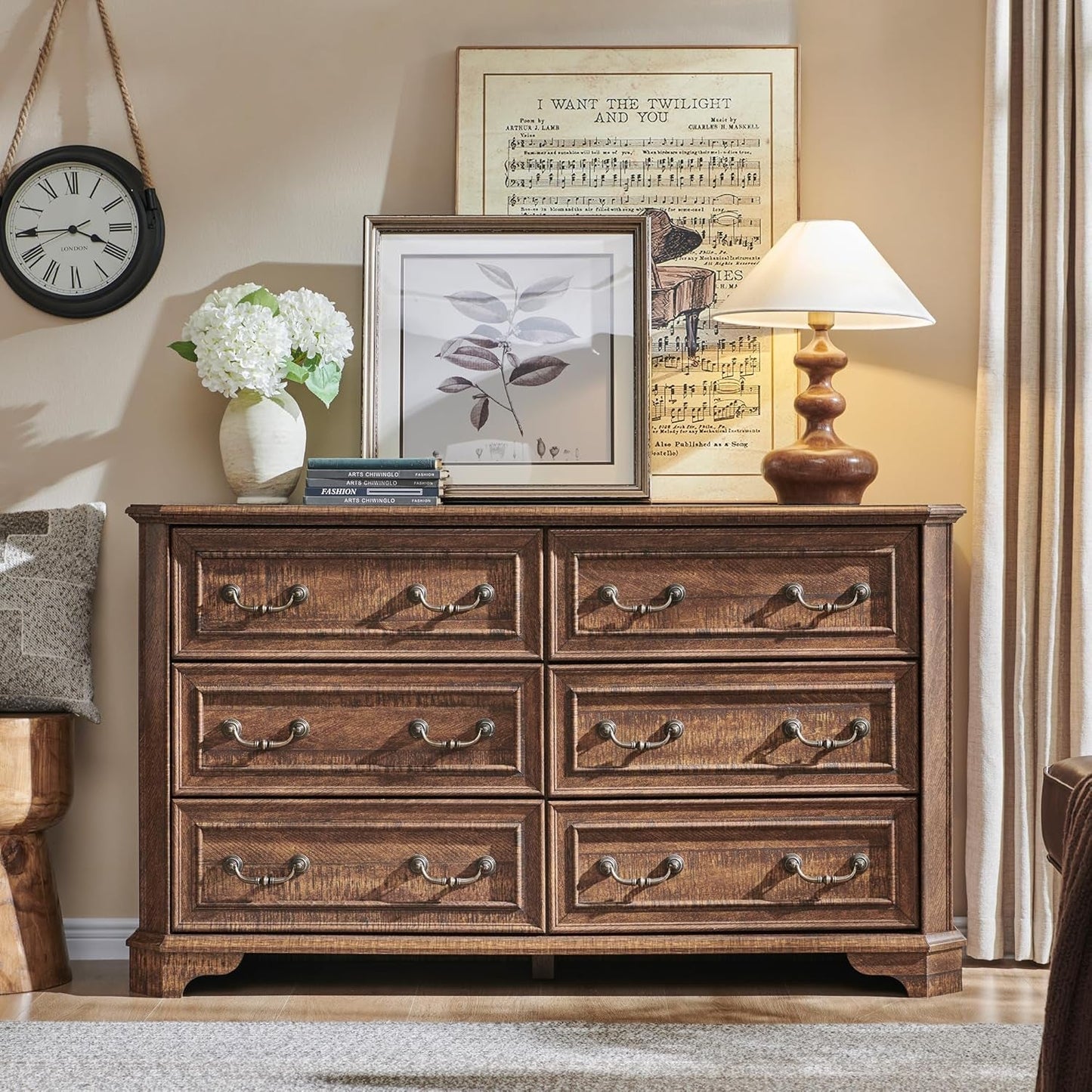 Farmhouse Solid Wood Six Drawer Dresser 54 Inch Wide