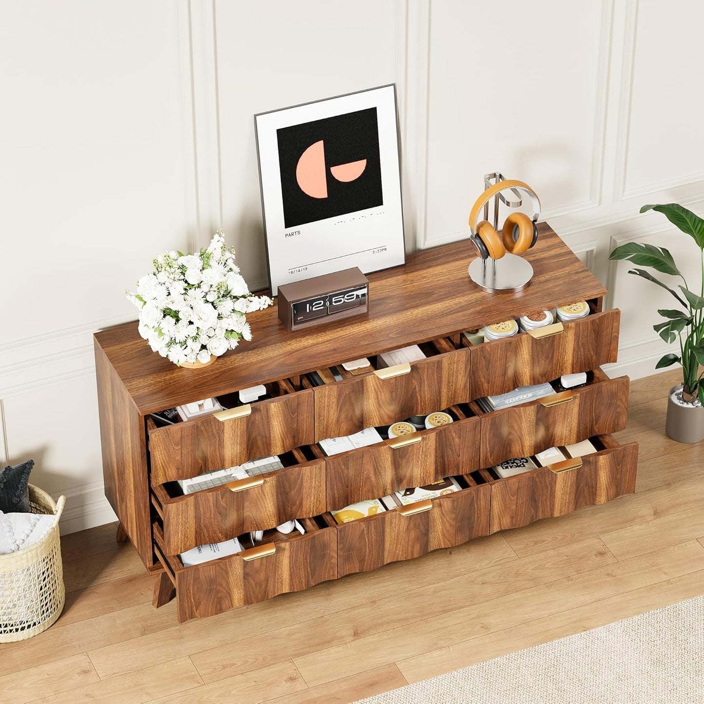 Walnut 9 Drawer Dresser With Fluted Fronts For Bedroom