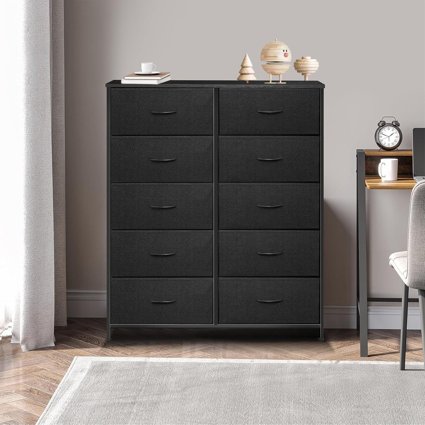 Dresser With 10 Drawers And Fabric Bins In Black Finish