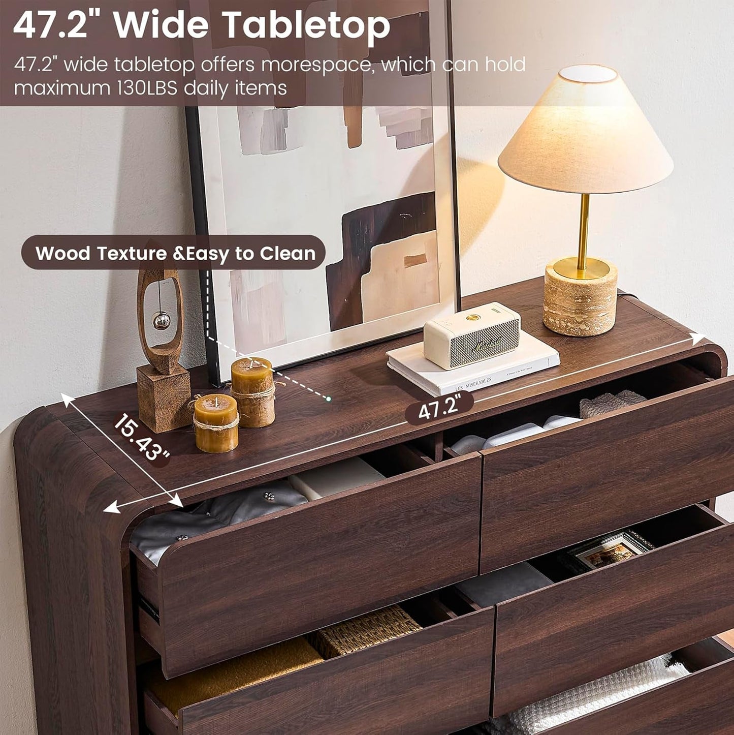 Walnut 6 Drawer Dresser Curved 47 Inch Bedroom Storage