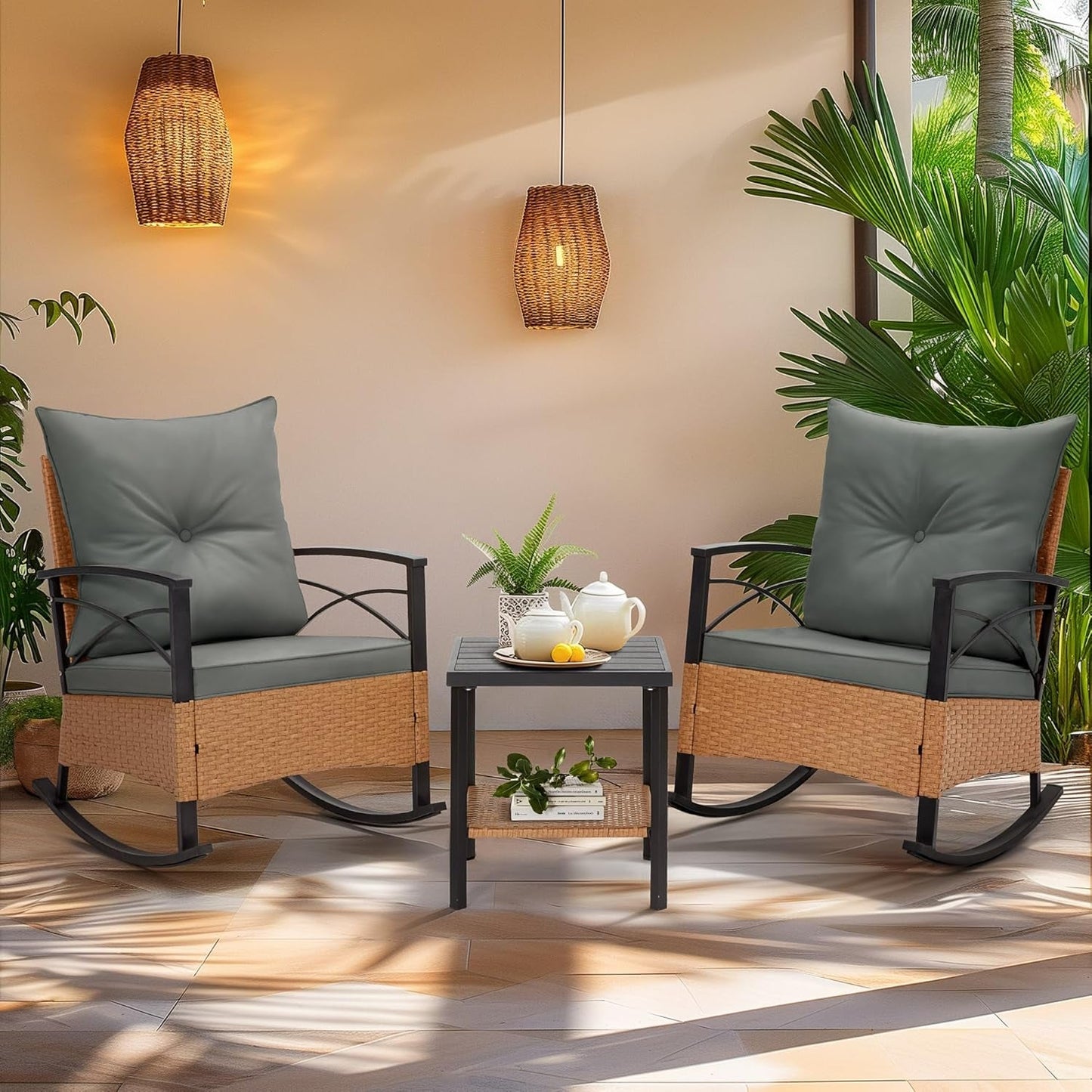 3 Piece Patio Rocking Chairs Set With Coffee Table Grey