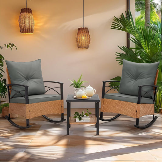 3 Piece Patio Rocking Chairs Set With Coffee Table Grey