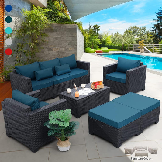 Patio Furniture Set 6 Pieces Peacock Blue Cushions Included