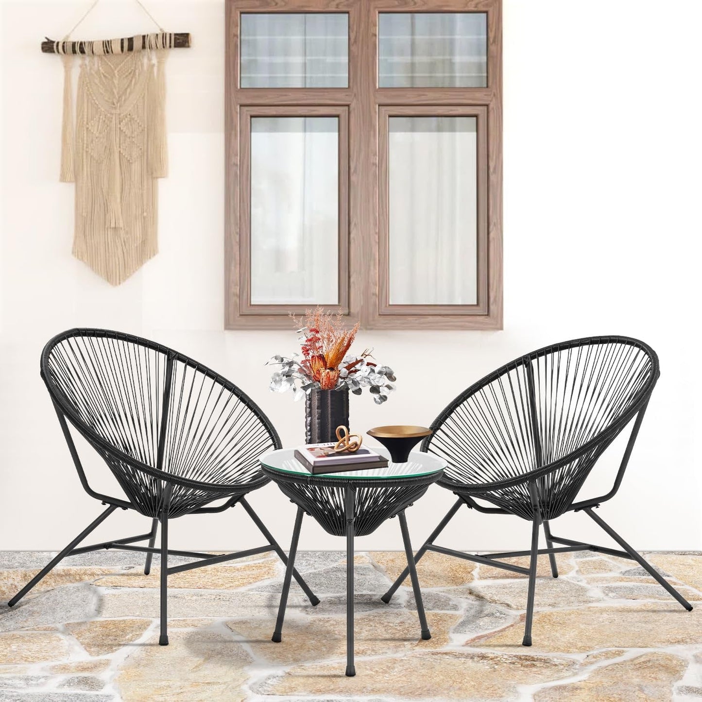 Acapulco 3 Piece Patio Bistro Set With Glass Top Table Black