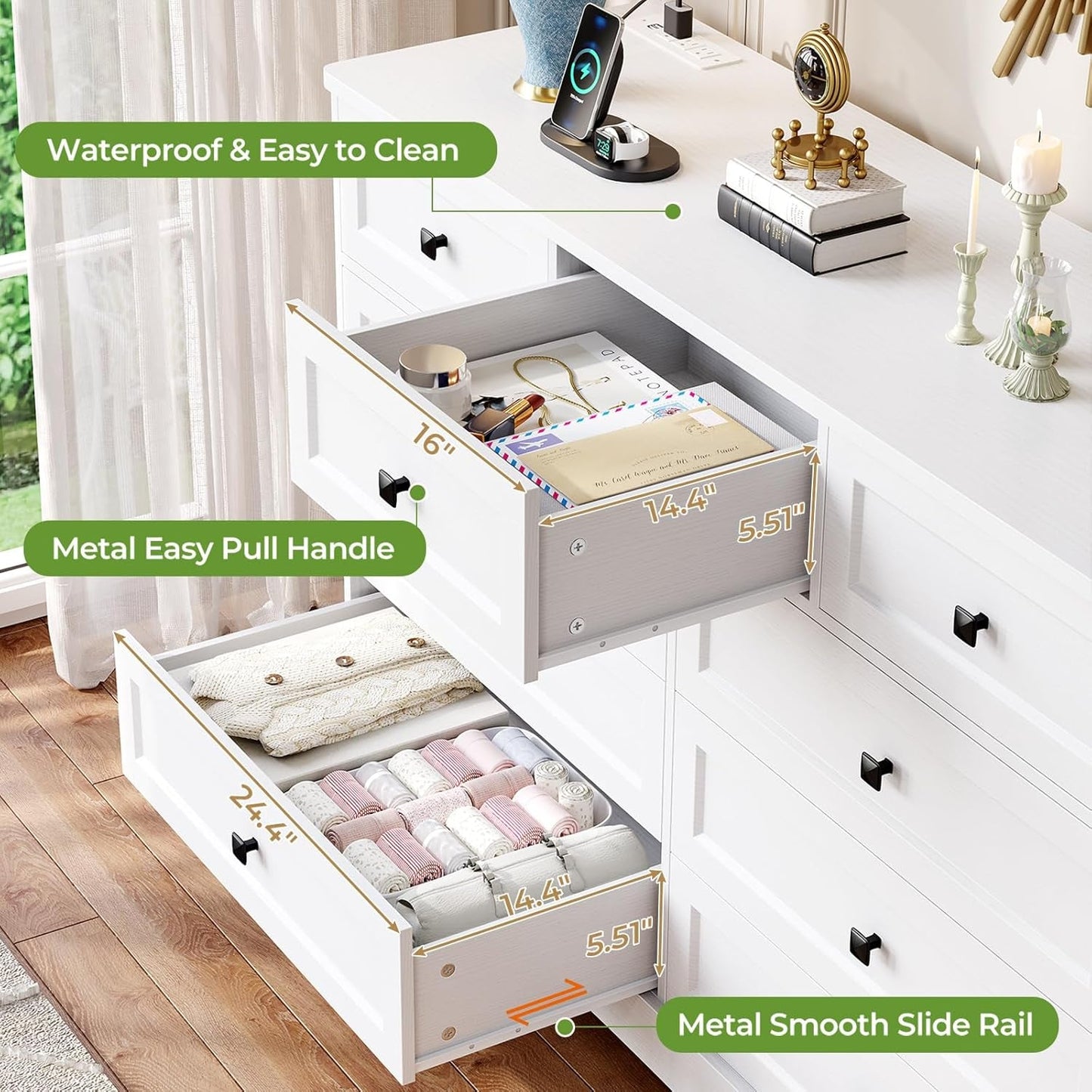 White Dresser With 9 Drawers And Charging Station Large