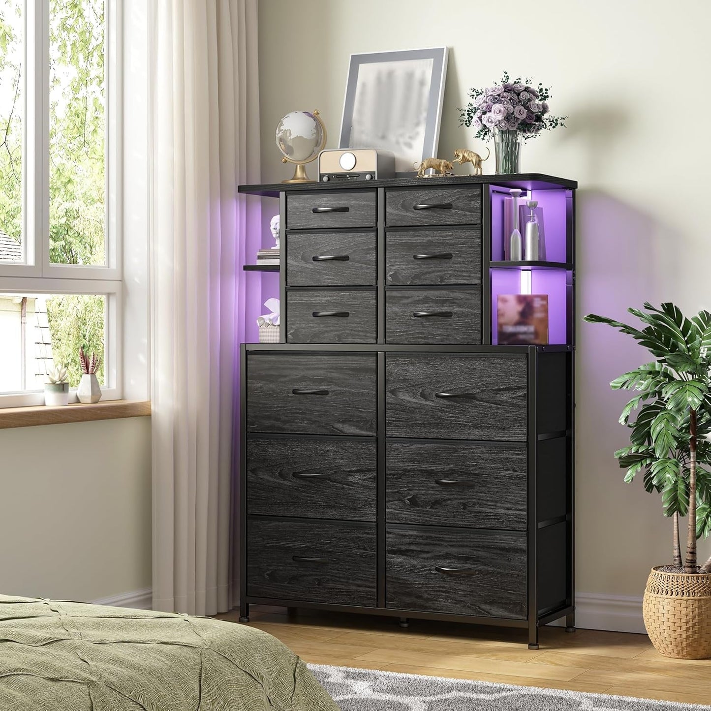 12 Drawer Dresser With Led Lights In Black Bedroom Storage Cabinet With Ample Drawer Space And Modern Metal Frame