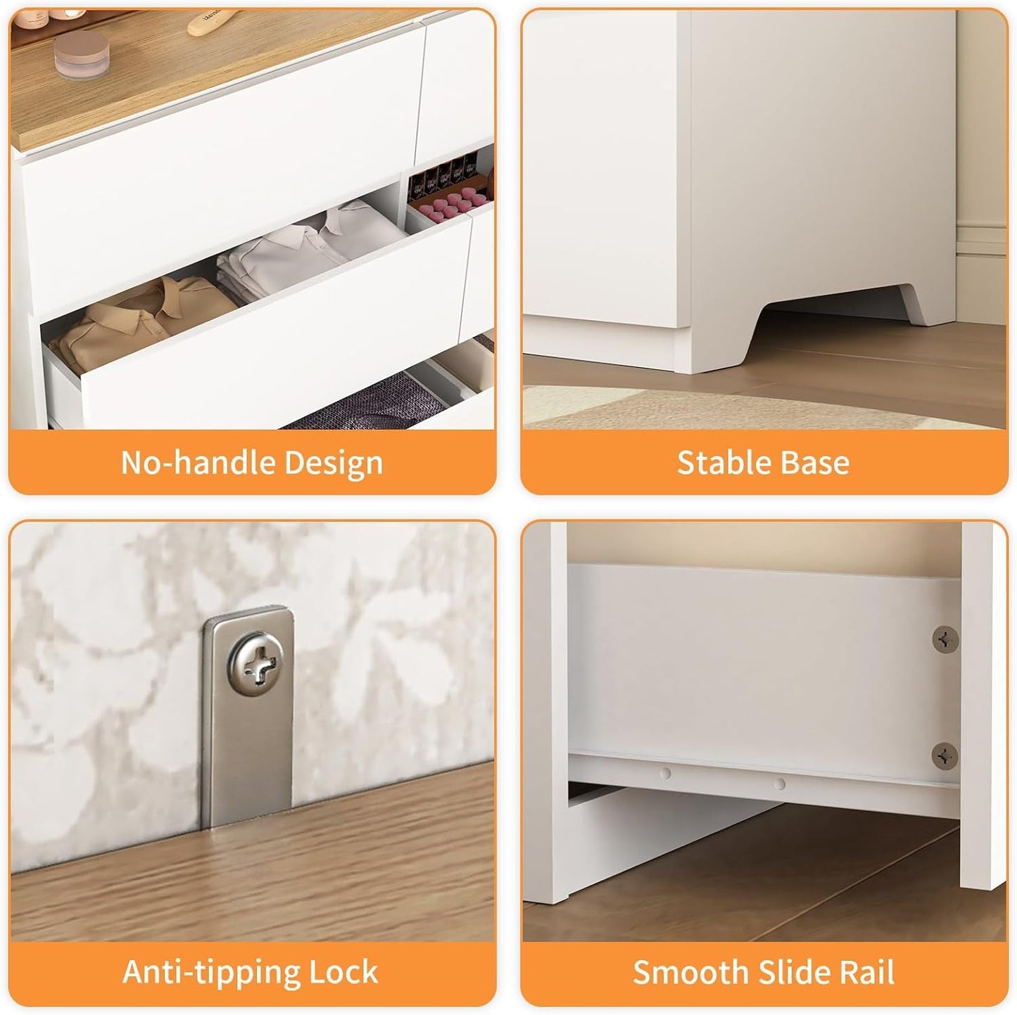 White Forty Seven Inch Six Drawer Dresser Wood Top