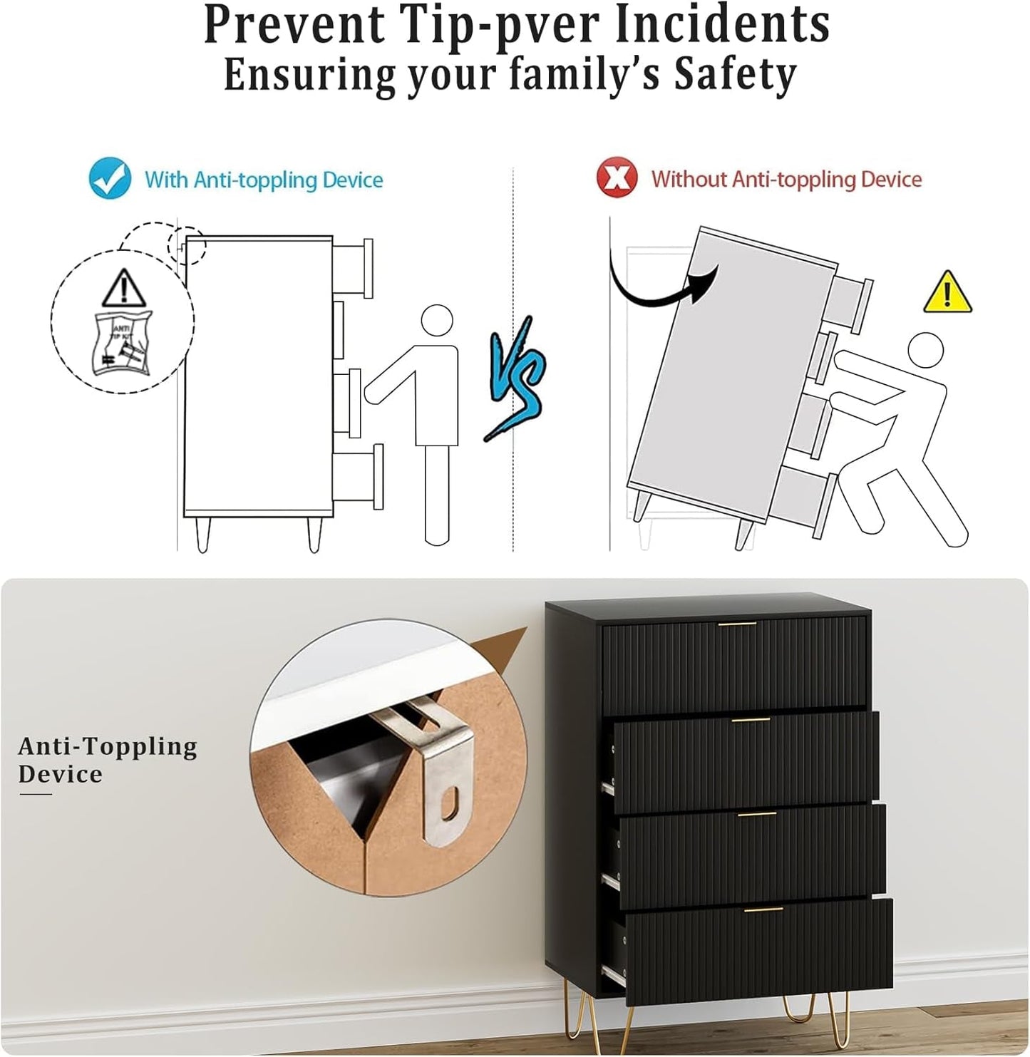 Four Drawer Dresser With Industrial Metal Legs Black