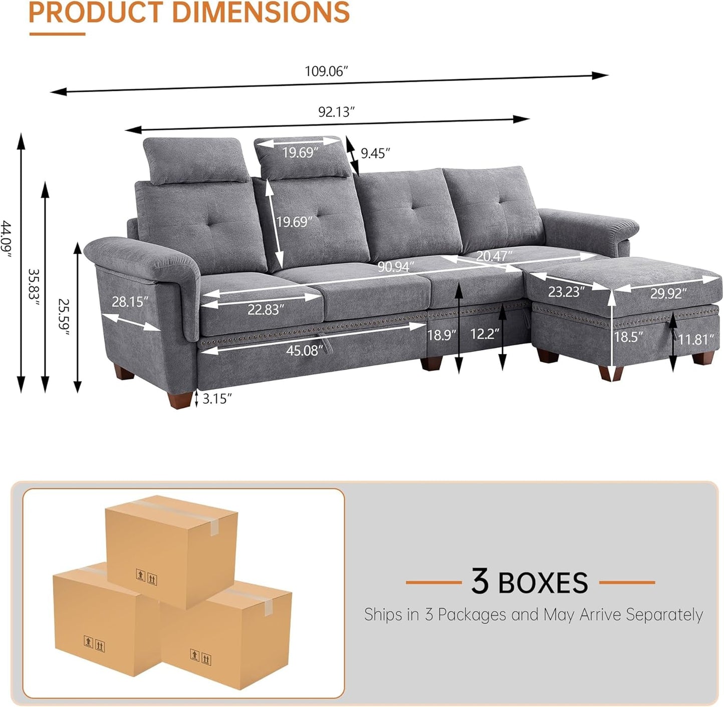 Light Grey Microfiber Sectional Sofa With Storage Ottoman