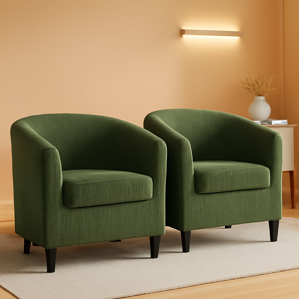 Corduroy Barrel Chairs Set of 2 Dark Green Upholstered