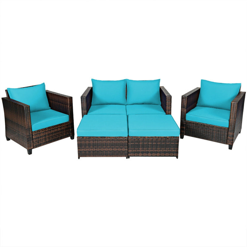 5 Piece Patio Rattan Furniture Set With Removable Cushions