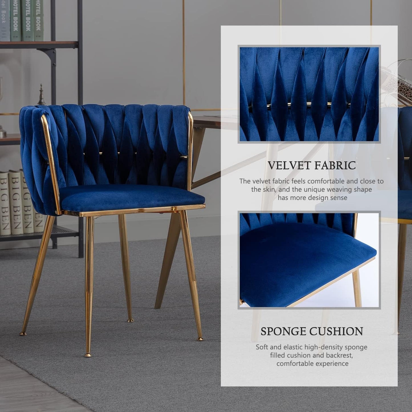 Blue Velvet Modern Dining Chairs Set Of 4 With Gold Legs