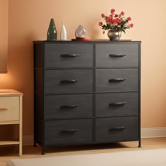 Tall Fabric Dresser With 8 Drawers In Charcoal Black Wood Grain