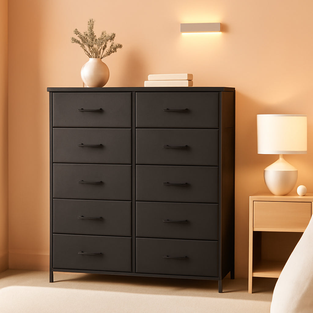 Dresser With 10 Drawers And Fabric Bins In Black Finish