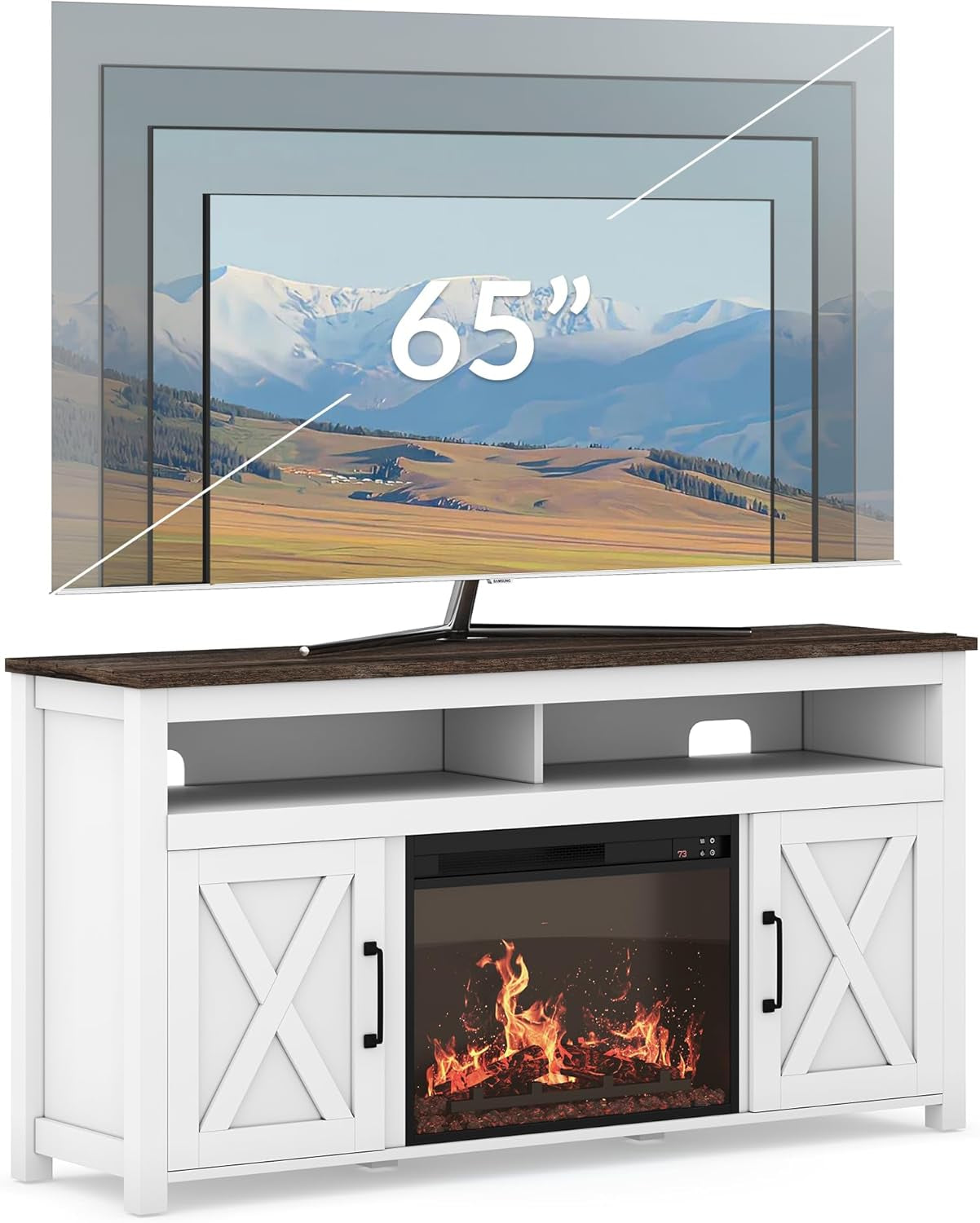 58 Inch White Farmhouse Fireplace TV Stand Cabinet