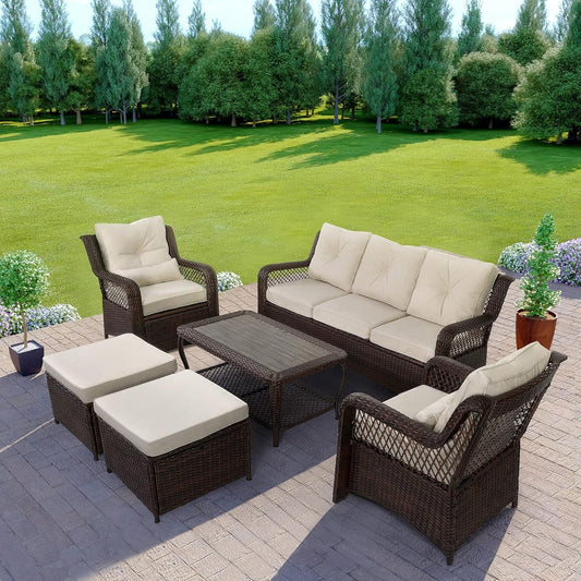 6 Piece Beige Wicker Patio Furniture Set With Coffee Table