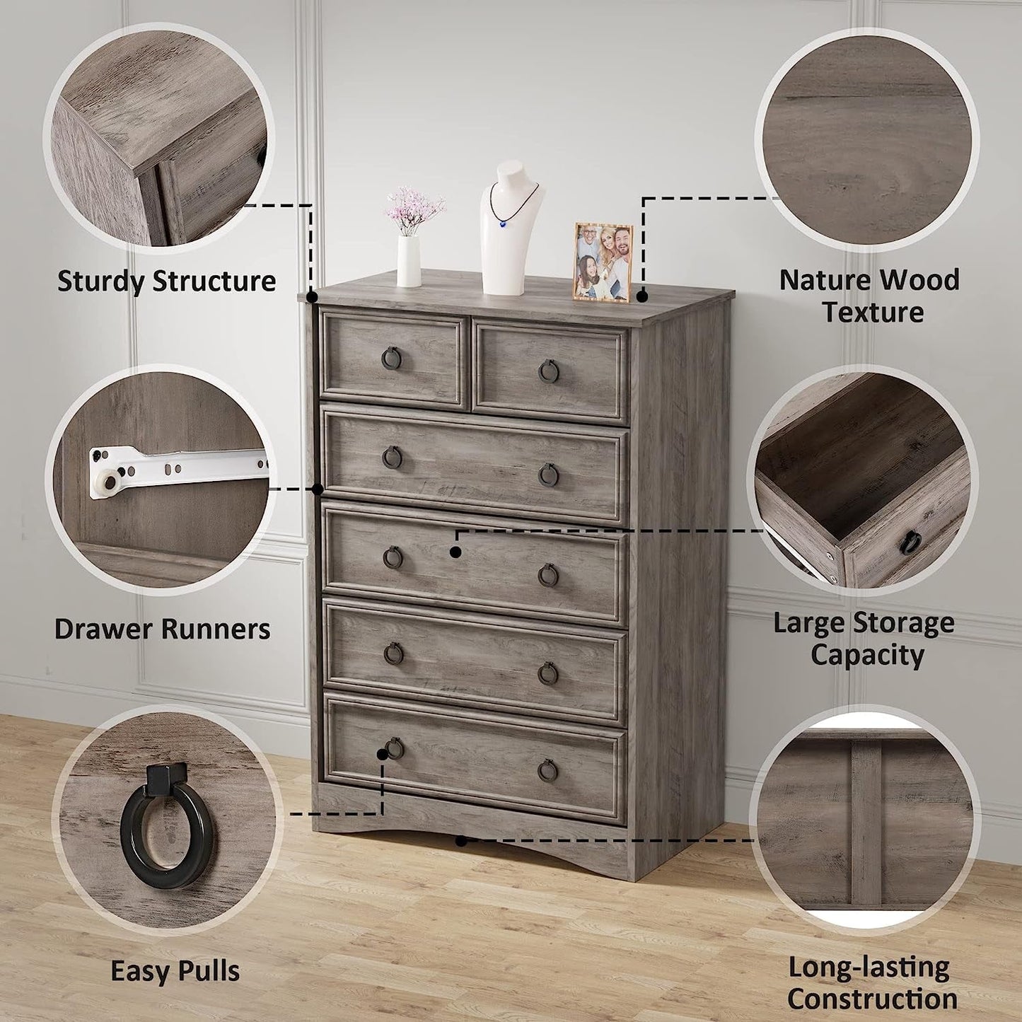 Gray Wash Tall Dresser 6 Drawer Bedroom Storage Cabinet