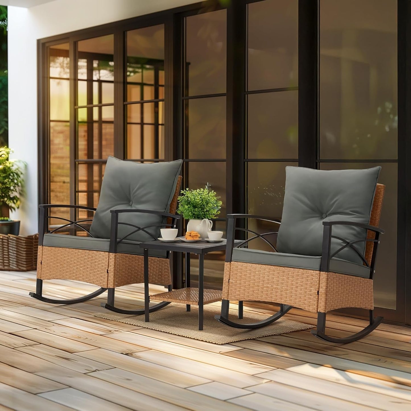 3 Piece Patio Rocking Chairs Set With Coffee Table Grey