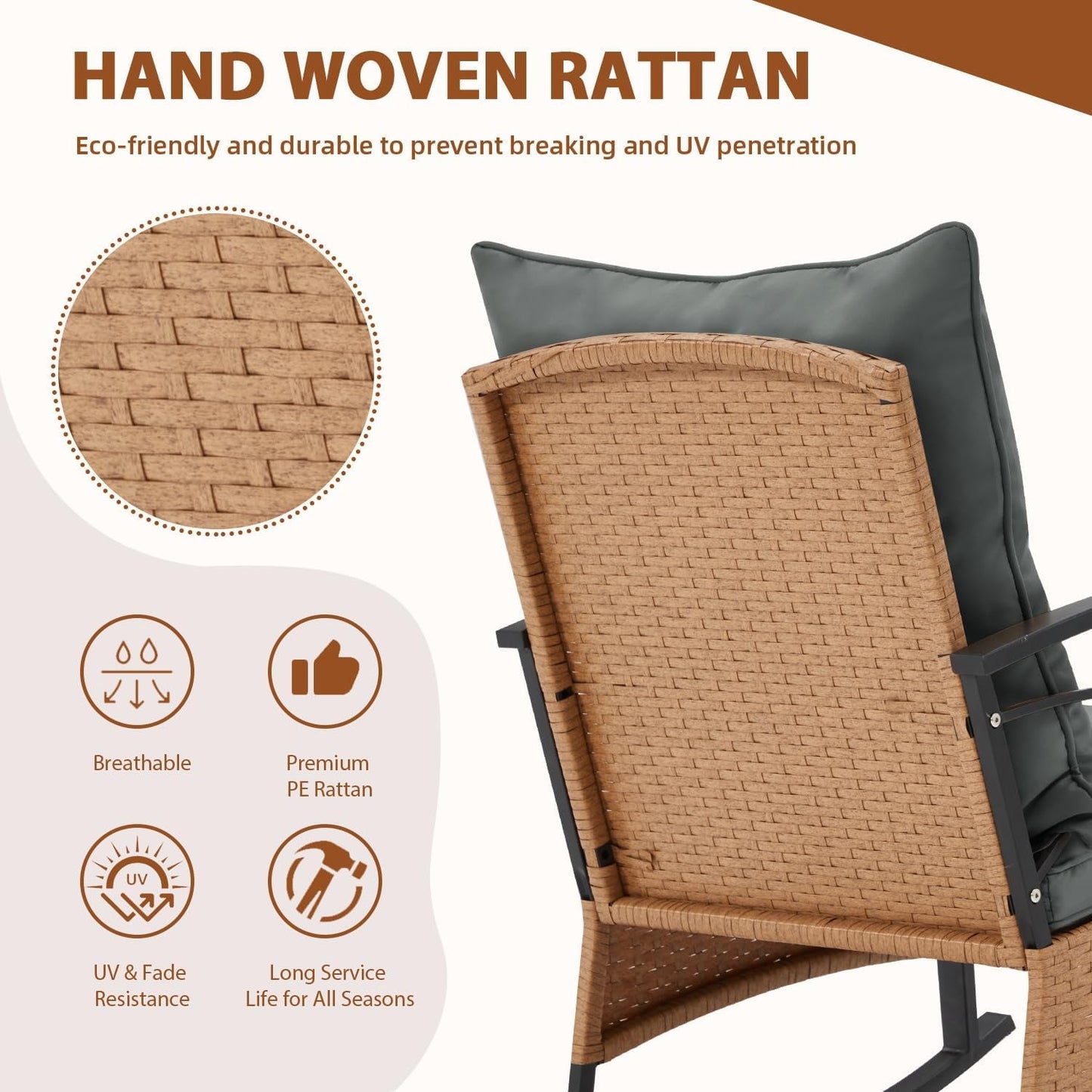 3 Piece Patio Rocking Chairs Set With Coffee Table Grey