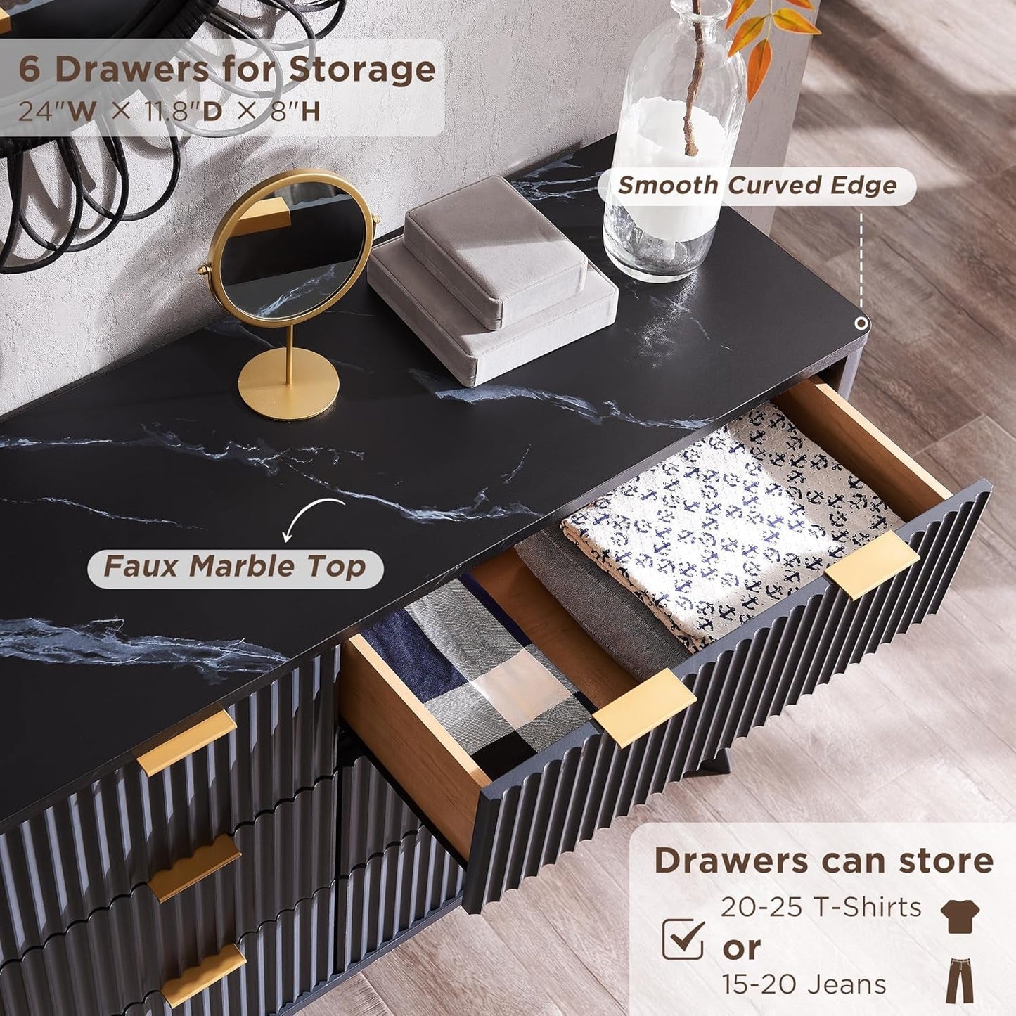 54 Inch Fluted Dresser With Dark Gray Faux Marble Top