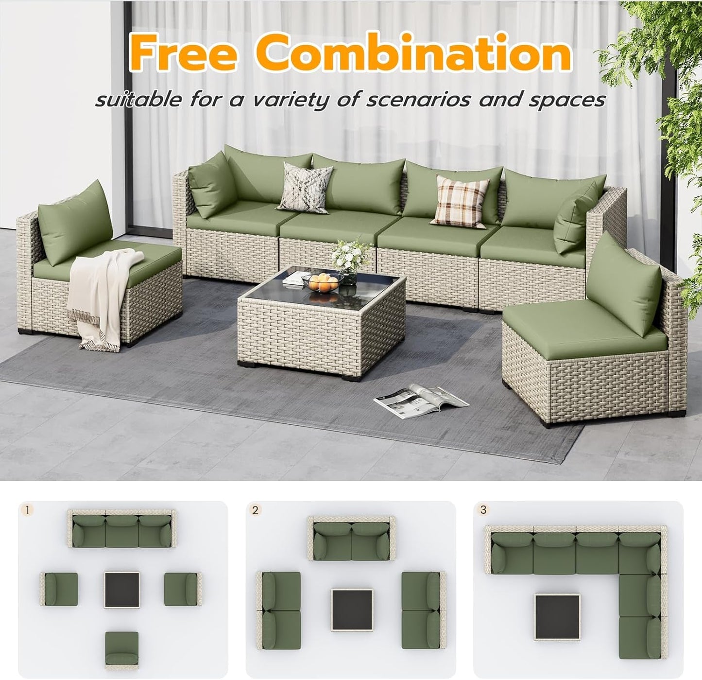 Patio 7 Piece PE Wicker Sectional Sofa Set Table Green