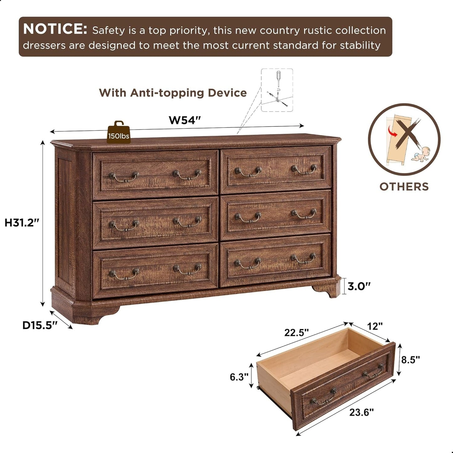 Farmhouse Solid Wood Six Drawer Dresser 54 Inch Wide