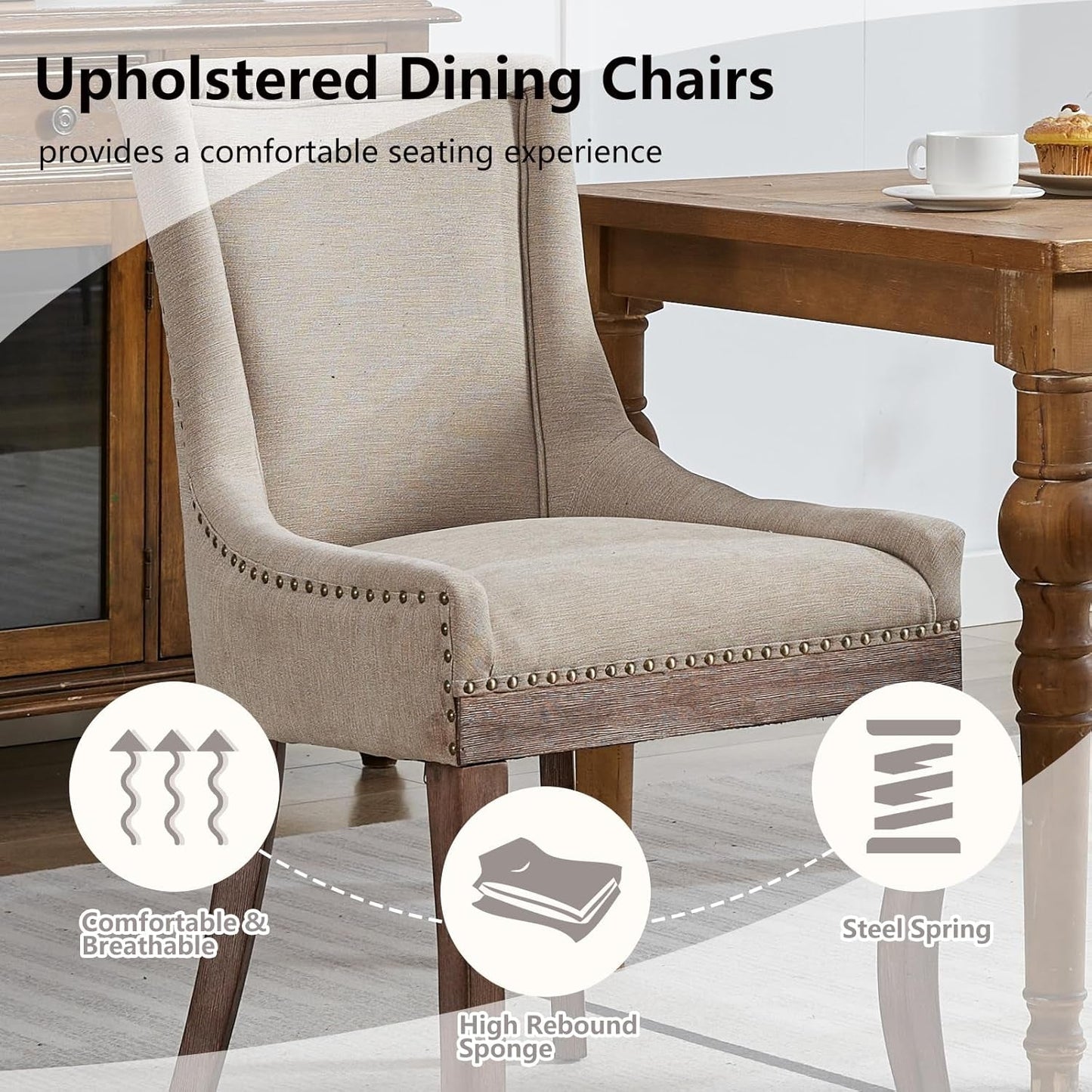 Modern Dining Chairs Set of 4 Beige Upholstery and Wood Legs