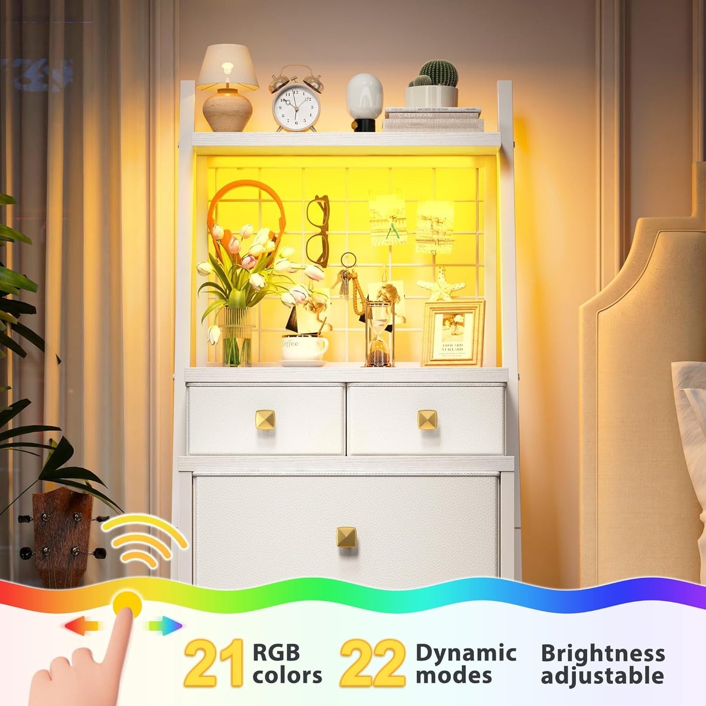 Vertical LED Dresser 6 Drawers White Bedroom Chest
