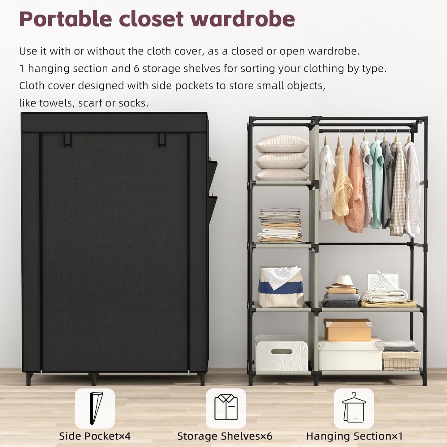 Portable Closet Organizer Black With 6 Shelves And Rod