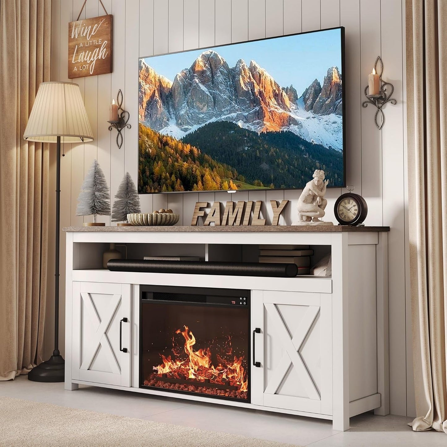 58 Inch White Farmhouse Fireplace TV Stand Cabinet
