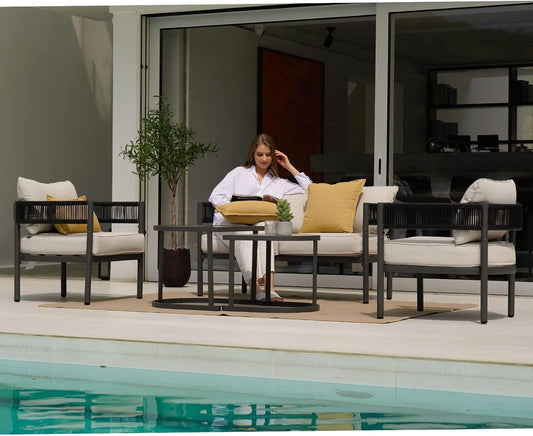 Beige 5 Piece Outdoor Wicker Patio Set With Thick Cushions