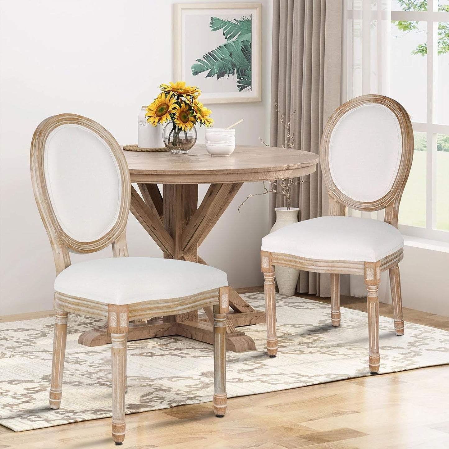 Beige Fabric Dining Chair Set Of 2 Square Back With Solid Wood Legs