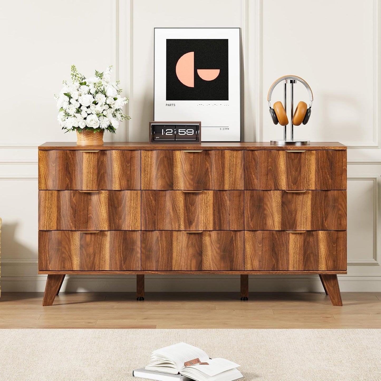 Walnut 9 Drawer Dresser With Fluted Fronts For Bedroom