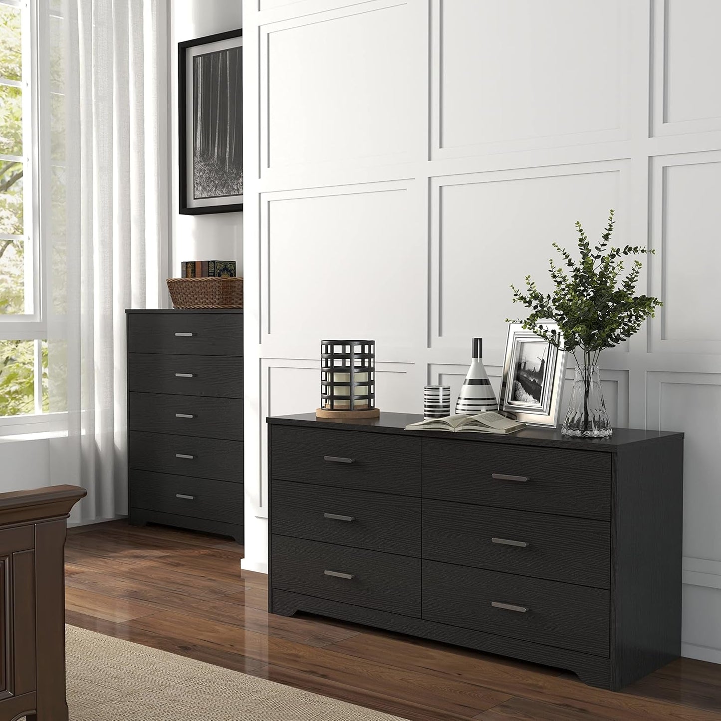 Wooden Six Drawer Dresser In Black For Living Room Bedroom