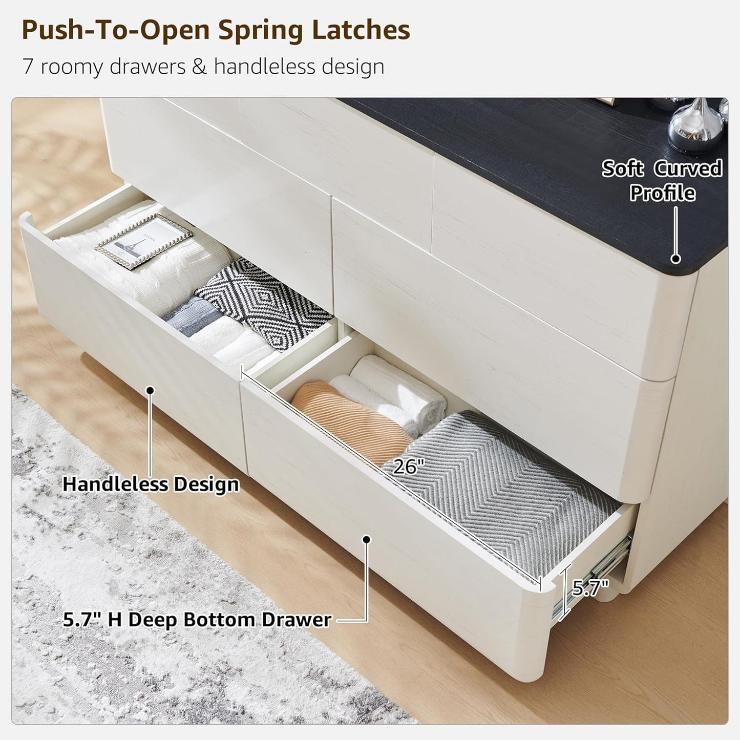 Off White Handleless Dresser With Curved Profile For Home