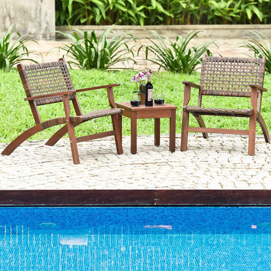 3 Piece Patio Conversation Set With Solid Eucalyptus Wood Frame And Brown Rattan Wicker