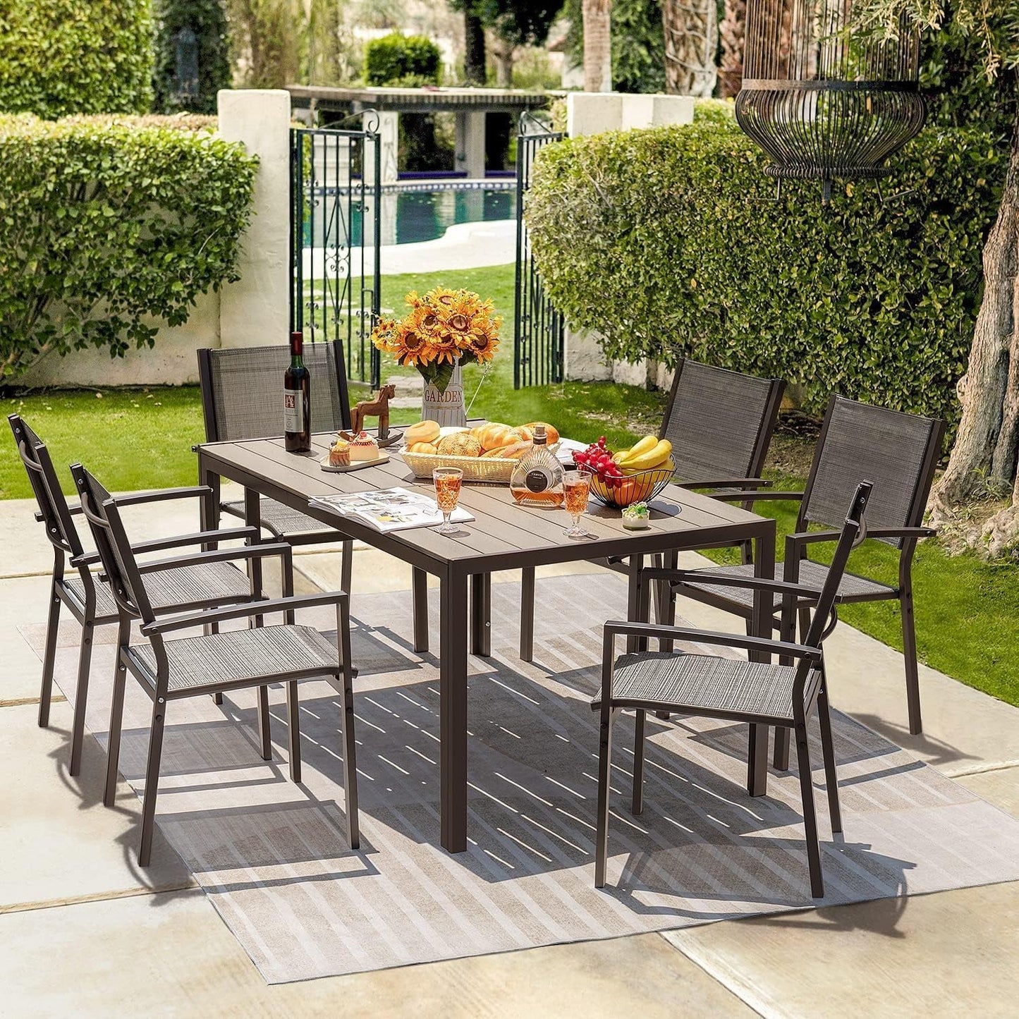 Patio Dining Set 7 Pieces Outdoor Table And 6 Textilene Chairs Light Grey
