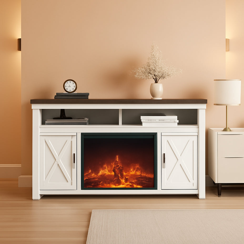 58 Inch White Farmhouse Fireplace TV Stand Cabinet