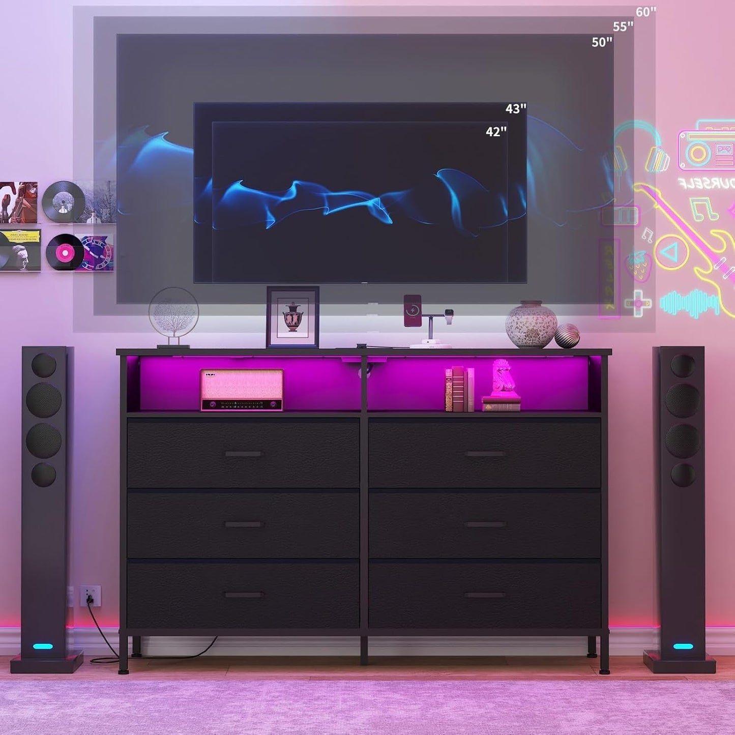 Black Dresser With LED Lights And Charging Station