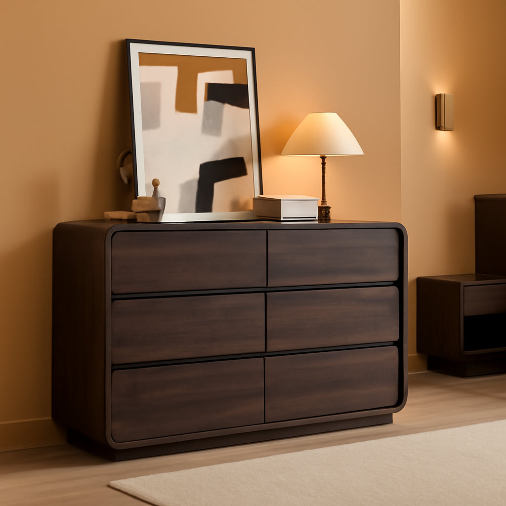 Walnut 6 Drawer Dresser Curved 47 Inch Bedroom Storage