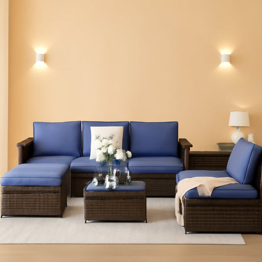 5 Piece Patio Rattan Furniture Set With Removable Cushions