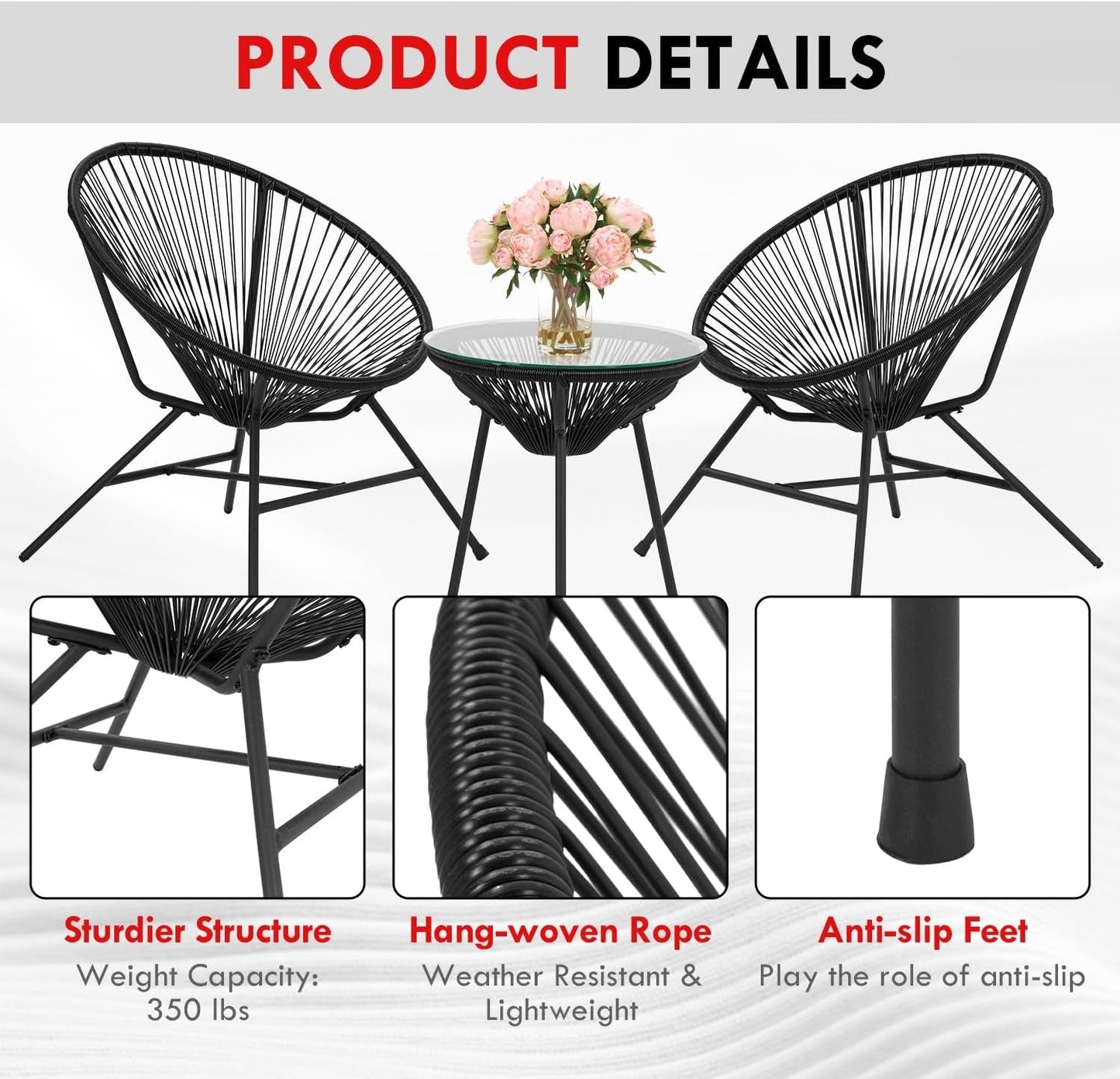 Acapulco 3 Piece Patio Bistro Set With Glass Top Table Black