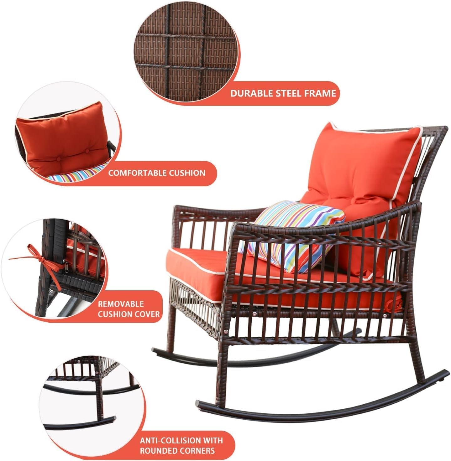 Orange 3 Piece Rocking Wicker Patio Set With Cushions